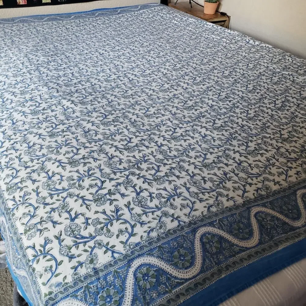 Vintage India Arts Cotton Tablecloth 67x73 Blue White Floral Powerloom India